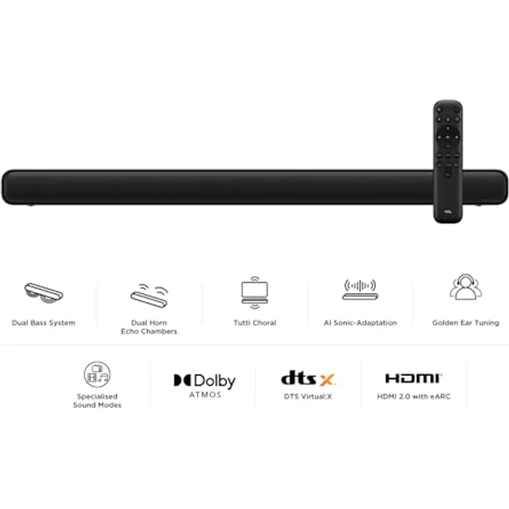 TCL S45HE 2.0 Kanal TV Partner Soundbar mit Dolby Atmos und DTS Virtual:X, AI Sonic-Adaptation Ready, unterstützt HDMI eARC, Bluetooth, Schwarz – Bild 2