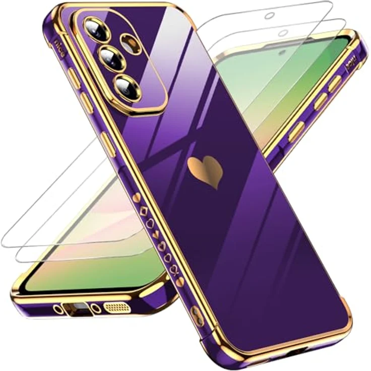 LeYi Handyhülle für Samsung Galaxy A56 5G, TPU Silikon Cover mit Herz Muster und 2*Schutzfolie, stoßfest und kratzfest, Dunkel Lila – Bild 1