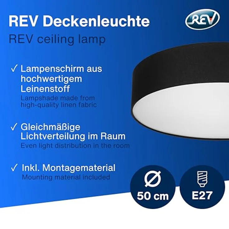 REV Deckenleuchte - Deckenlampe rund 50cm mit Stoff-Lampenschirm im Vintage-Look, ideal für Schlafzimmer & Wohnzimmer, schwarz – Bild 2