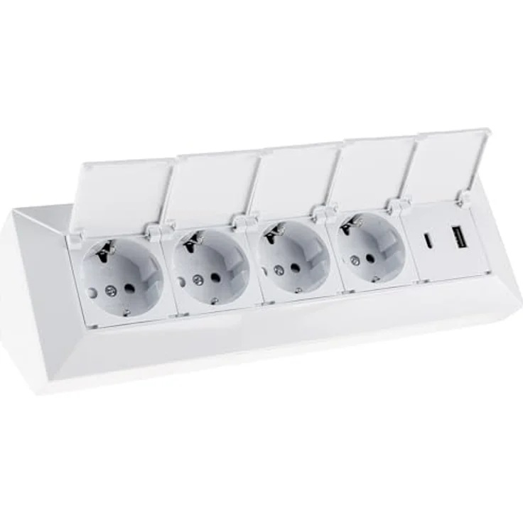 ChiliTec 4-Fach Mehrfachsteckdose mit Klappdeckel, USB-A & USB-C PD, Schutzkontaktsteckdosen, Weiß – Bild 1