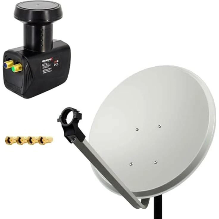 PremiumX PXS80 Satelliten-Komplettanlage, 80 cm Hellgrau, mit Twin LNB für 2 Teilnehmer, wasserdicht und UV-beständig – Bild 1
