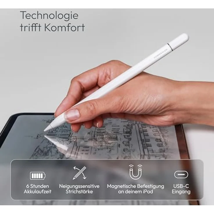 VONMÄHLEN Smart Pencil, Magnetischer Digitalstift mit 6 Std. Akkulaufzeit, Neigungssensitivität und Schnellladung - schwarz – Bild 2