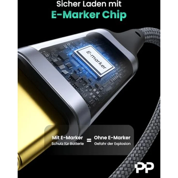 PROFIPATCH ProfiPatch USB C auf USB C Kabel 3m, 100W PD 3.0, 5A, E-Mark Chip, grau, Textil, Schnellladekabel für Notebooks, Laptops und Handys – Bild 4