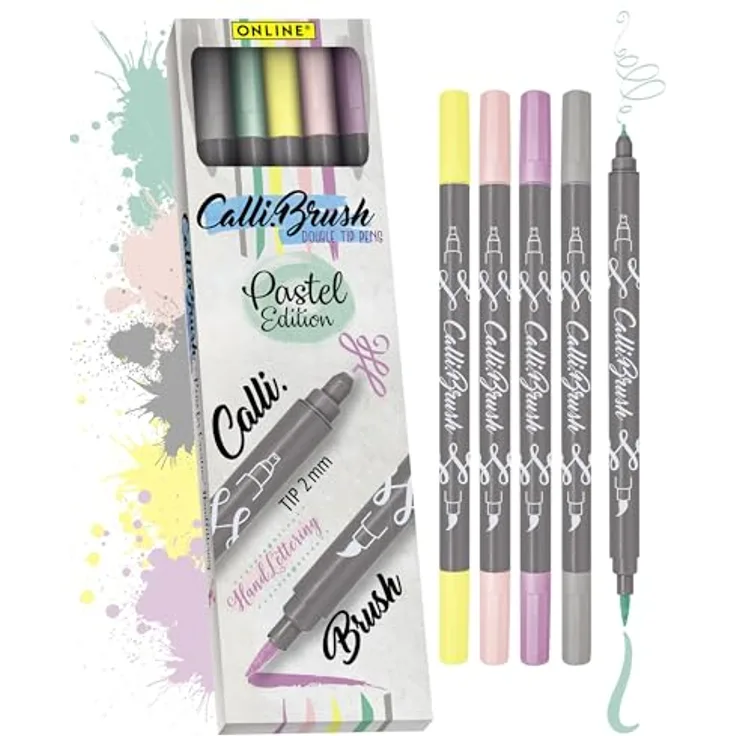 ONLINE® Calli.Brush Double Pastel Brush-Pens, 5er Set mit Kalligrafie- und Pinselspitze in Grau, Hellgrün, Pink, Violett, Gelb