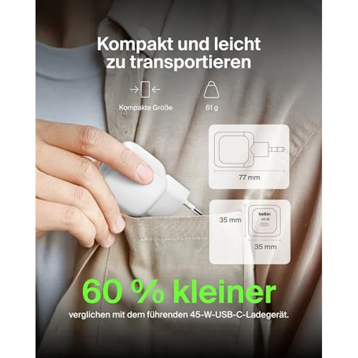 Belkin kompaktes USB Ladegerät 45 W mit USB-C-Kabel, Schnellladen für iPhone 16/15/14, Samsung Galaxy S25/S24, Pixel 9, iPad, robust – Weiß – Bild 3