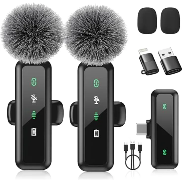 AUJQMYCA Kabelloses Lavalier-Mikrofon 2er-Pack mit 2,4 GHz, Rauschunterdrückung, 20 m Reichweite, USB-C und 14 h Akku – kompatibel mit iPhone 15/16/17 & Android, ideal für YouTube und TikTok