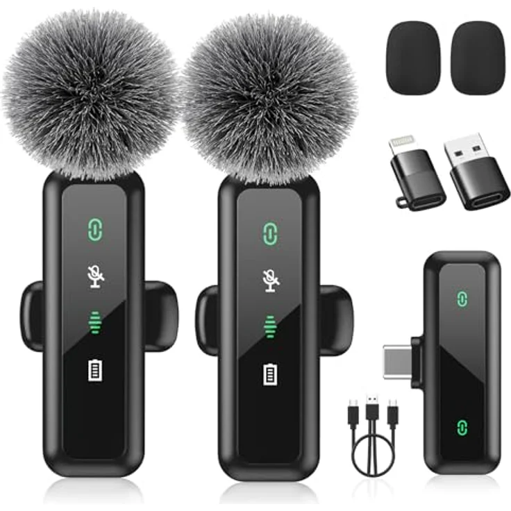 AUJQMYCA Kabelloses Lavalier-Mikrofon 2er-Pack mit 2,4 GHz, Rauschunterdrückung, 20 m Reichweite, USB-C und 14 h Akku – kompatibel mit iPhone 15/16/17 & Android, ideal für YouTube und TikTok – Bild 1