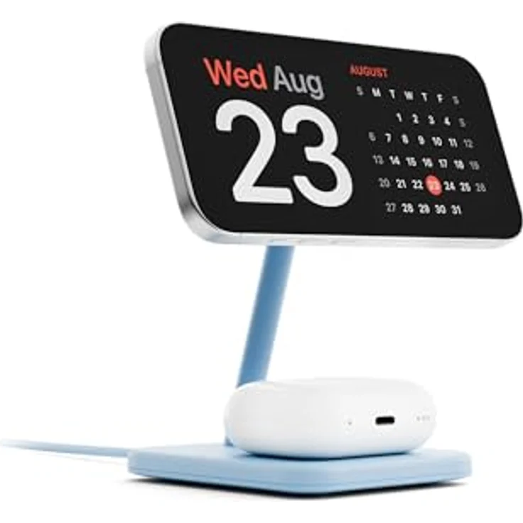Twelve South HiRise 2 Deluxe, Kabelloser Ladeständer mit 15W Qi2 Magnetladegerät, 5W Ladeplatz und verstellbarer 70-Grad-Neigung, Glacier Blue – Bild 6