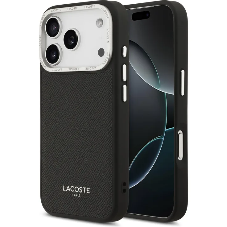 Lacoste PU Leder Champs Elysees Hülle für Apple iPhone 17 Pro, elegante und langlebige Schutzhülle mit MagSafe, Schwarz