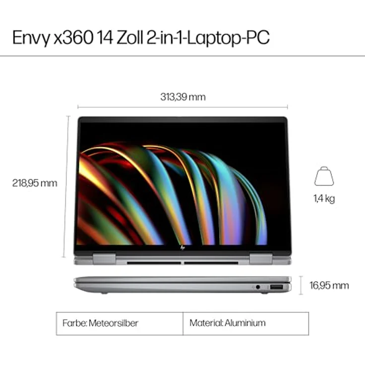 HP Envy x360 2-in-1 Laptop, 14 Zoll 2.8K OLED Touch Display, Intel Core Ultra 7 155U, 16GB LPDDR5-SDRAM, 1 TB SSD, QWERTZ Tastatur, Windows 11 Home, Silber – Bild 4