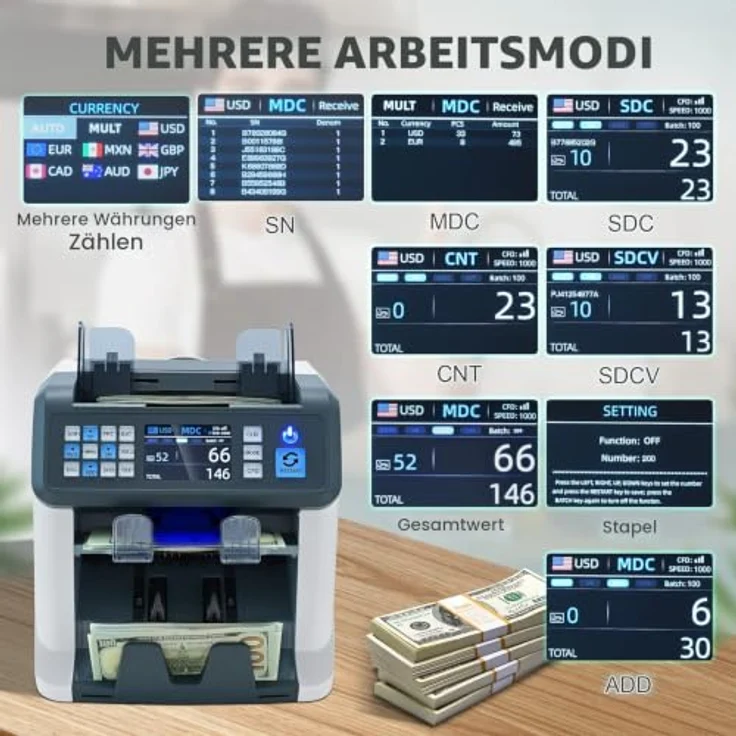 VEVOR Geldzählmaschine, Banknotenzähler mit gemischten Nennwerten, 1200 Banknoten/min, Falschgelderkennung (UV, IR, MG, DD, SN), mehrere Währungen, Druckeraktivierung, TFT-Bildschirm – Bild 3