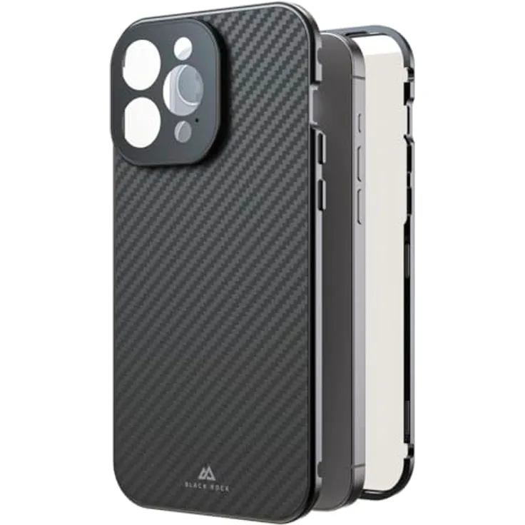 Black Rock Hülle für iPhone 15 Pro Max (Carbon Beschichtung, Kameraschutz, Metallrahmen, 360° Rundumschutz, Wireless Charging kompatibel, ultradünn, Slim, Magnet, Cover, Handyhülle, Case) Real Carbon