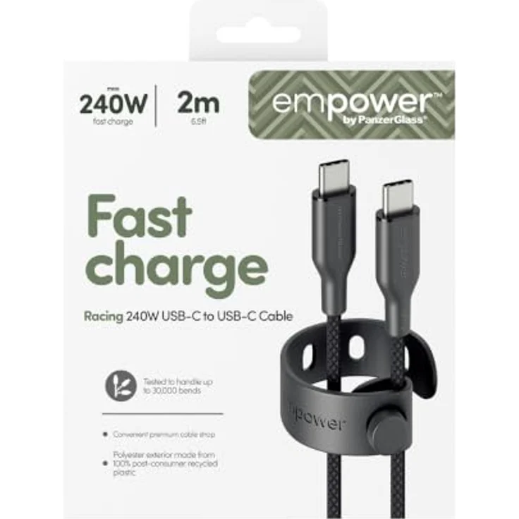 PanzerGlass Racing USB-C to USB-C Kabel, 2 m, USB 2.0, 240 W, robustes und schnelles Ladekabel mit Klettlasche und verwicklungsfreiem Design – Bild 4