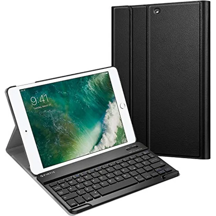 FINTIE Tastatur Hülle für iPad 9.7 Zoll 2018/2017 & iPad Air 1/2, ultradünne leichte Schutzhülle mit abnehmbarer deutscher Bluetooth-Tastatur, schwarz