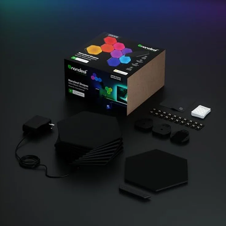 Nanoleaf Shapes Ultra Black Hexagon Starter Kit, 9 Smarten LED Panels RGBW - Modulare WLAN 16 Mio. Farben Wandleuchte Innen, Musik & Bildschirm Sync, Funktioniert mit Alexa Google Apple – Bild 2
