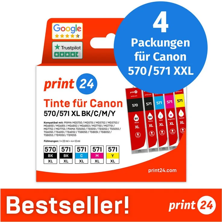 print24 Tintenpatrone PGI 570 XL / CLI 571 XL, 4-tlg. Set in Schwarz, Cyan, Magenta und Gelb, hohe Seitenleistung und wischfeste Druckergebnisse