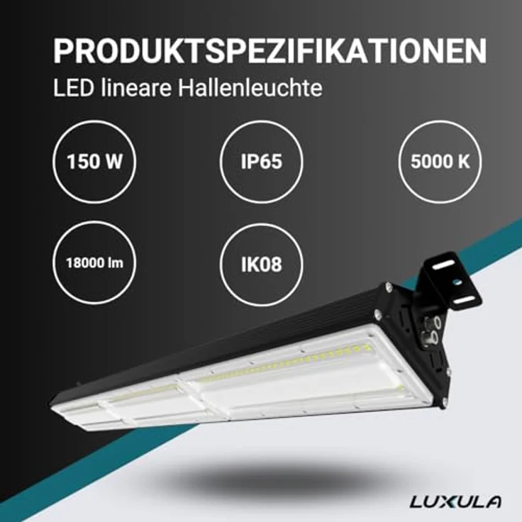 LUXULA LED Hallenleuchte High-Bay Hallenstrahler mit Marken-LEDs - 150W 18000lm - 5000K Neutralweiß Tageslicht - IP65 IK08 - linear - Industrielampe Werkstatt Lager – Bild 3