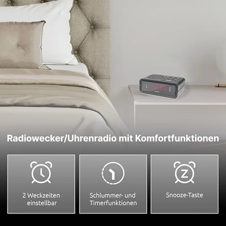 TechniSat DIGICLOCK 2 – kompakter UKW Radiowecker (Zwei Weckzeiten, Schlummerfunktion, dimmbares LCD-Display, Netz- und Batteriebetrieb) in schwarz – Bild 2