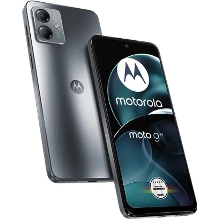 Motorola Moto g14 Smartphone (6,5"-FHD+-Display, 50-MP-Kamera, 4/128 GB, 5000 mAh, Android 13) Steel Grey, inkl. Schutzcover + KFZ-Adapter [Exklusiv bei Amazon]