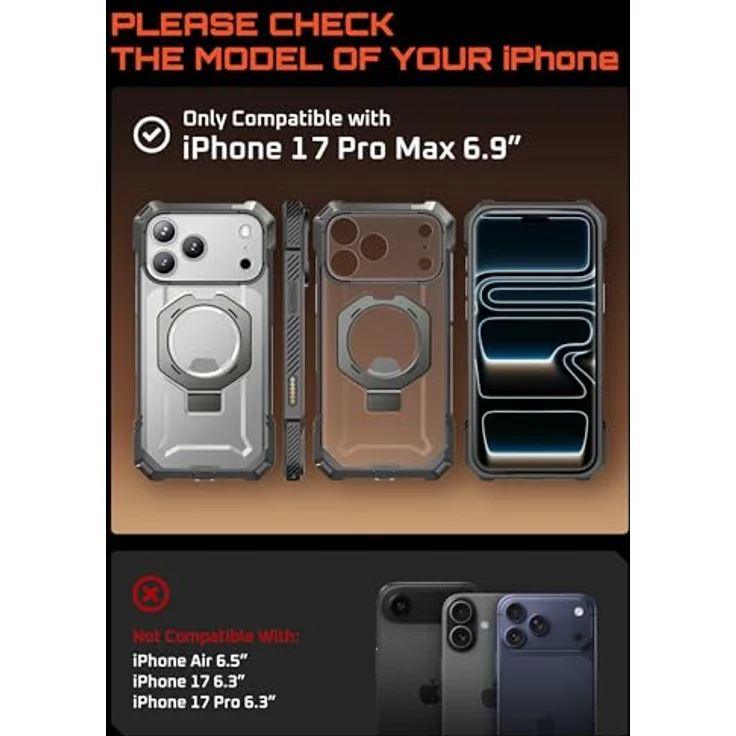 SUPCASE Unicorn Beetle Grip für iPhone 17 Pro Max, Militärstandard Schutzhülle mit Ringhalter, MagSafe-kompatibel, Grau – Bild 2