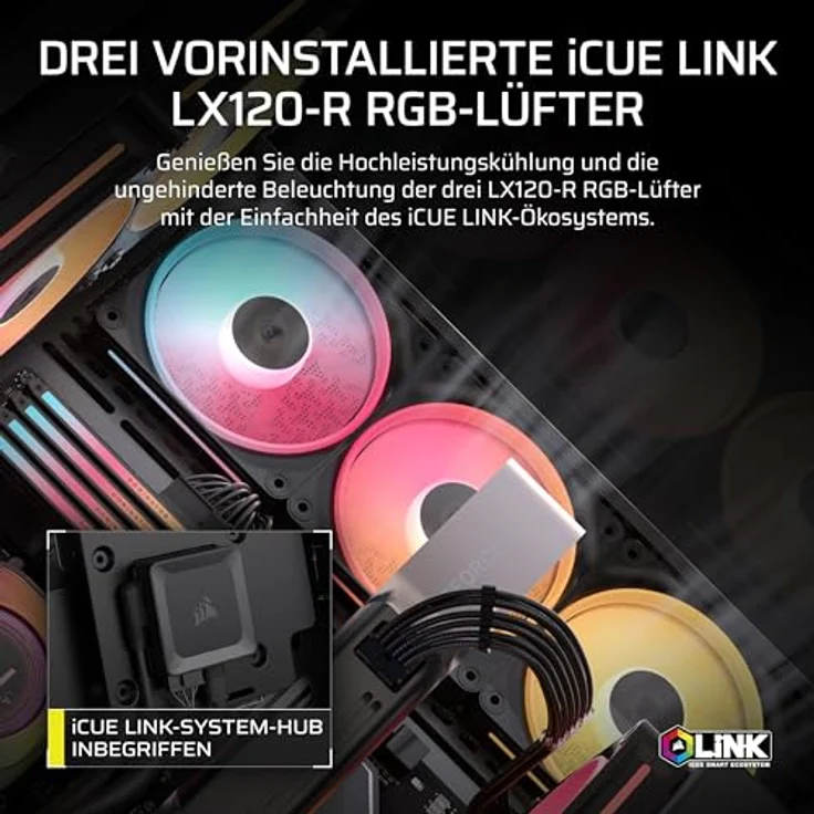 Corsair 3500X LX-R RGB iCUE LINK Mid-Tower-PC-Gehäuse – 3 x vorinstallierte LX120-R RGB-Lüfter, iCUE LINK System Hub, GPU-Anti-Sag-Arm, Platz für bis zu 10 x 120-mm-Lüfter – Schwarz – Bild 3