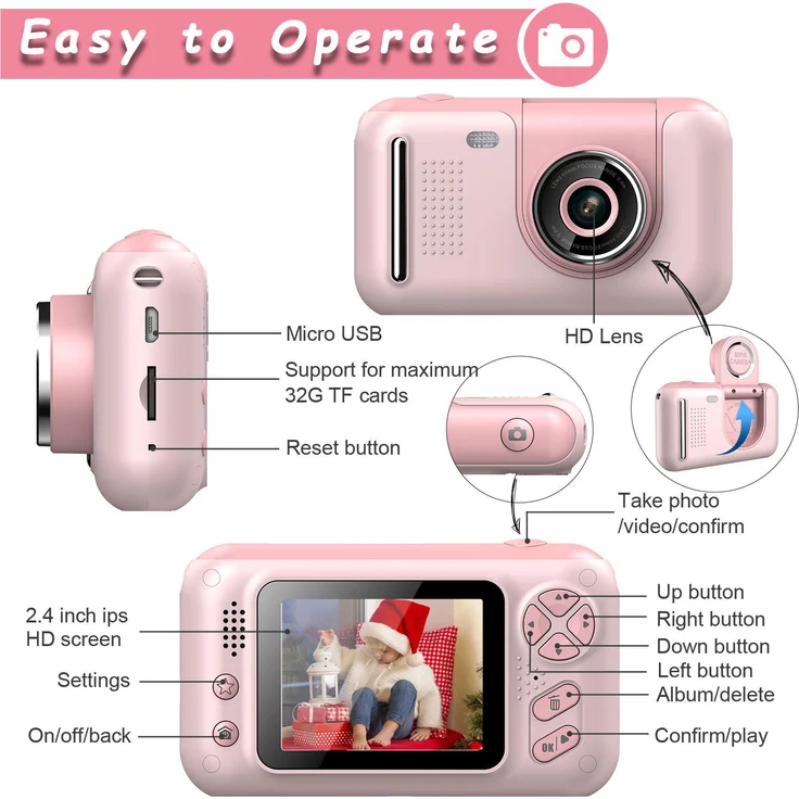 Lixada Kinderkamera, Digitale 180°-Flip-Videokamera mit 2,4 Zoll Bildschirm, Rosa, 720p-Videoauflösung, robust und tragbar, inkl. Mini-Stativ