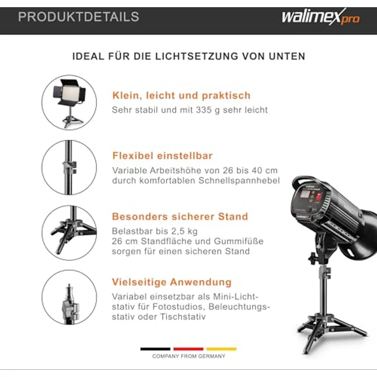 Walimex Lampenstativ, 40 cm (max. Belastbarkeit ca. 2,5 kg, Transportlänge 24 cm) – Bild 6