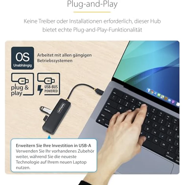 StarTech.com 4-Port USB-C Hub, Mini USB 3.0 Splitter mit integriertem USB-C-Kabel, kompakt und busbetrieben – Bild 4