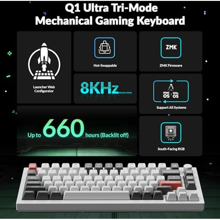 Keychron Q1 Ultra 8K, Kabellose mechanische Tastatur mit 75% Layout, Aluminium, ZMK-programmierbar, 82 Tasten, POM Switch - Banana, RGB, 2,4 GHz/Bluetooth, kabelgebunden, QWERTY US – Bild 2