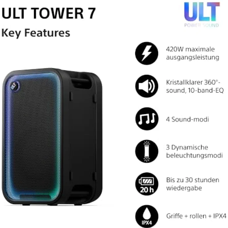 SONY ULT Tower 7, Kabelloser Bluetooth Party Lautsprecher mit 420 Watt Leistung, Schwarz, Musikgesteuerte Beleuchtung und 30 Stunden Akkulaufzeit – Bild 2