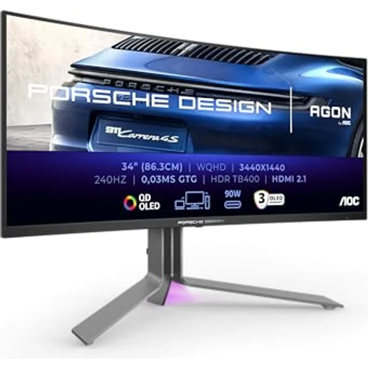 AOC AGON Pro PD34 34" UWQHD OLED Gaming Monitor, 240Hz, 0,03ms, Curved, HDMI/DP/USB-C PD65W, Quantum-Dot, KVM, RGB