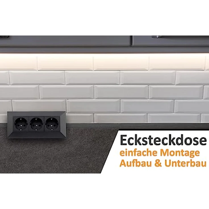 ChiliTec Steckdosenblock Ecksteckdose 3-Fach Schwarz 230V für Aufbau- & Unterbaumontage, erhöhter Berührungsschutz – Bild 5