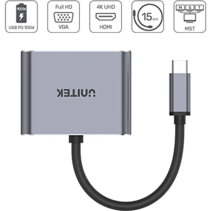 uHUB Q4 Lite 4-in-1 USB-C Hub mit MST Dual Display und PD 100W D1049A / 4K@60Hz UHD HDMI & Full HD VGA/USB-C PD 100W Laden & USB-A Datensynchronisation – Bild 2