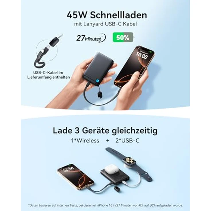 INIU Qi2-zertifizierte 10000mAh Magnetische Powerbank mit 45W Schnellladung, Ultradünn, USB-C in&out, tragbarer 15W Wireless Charger für iPhone 16/15/14 Pro Max MagSafe Case, inklusive Klappständer – Bild 4
