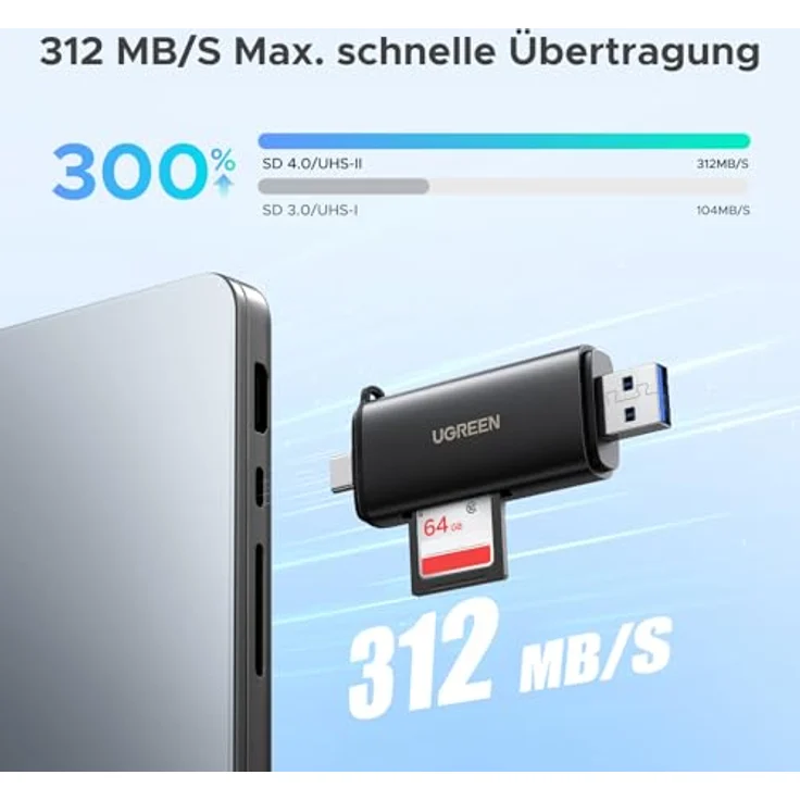 UGREEN 2in1 USB-C / USB-A SD 4.0 UHS-II Card Reader, kompakter Kartenleser mit Lesegeschwindigkeiten bis zu 312 MB/s, schwarz – Bild 2