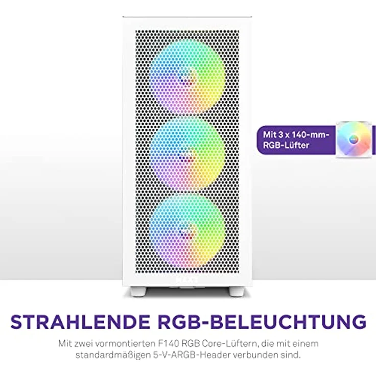 Nzxt H7 Flow RGB - CM-H71FW-R1 - ATX Mid-Tower Gaming PC-Gehäuse - USB-C Port - Mesh Front- & Tempered Glass Seitenteil - 3X F-Series 140mm Core RGB Fans inklusive - Wasserkühlung Ready - Weiß – Bild 5
