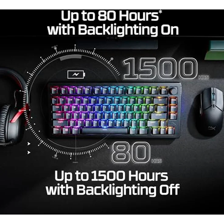 HyperX Alloy Rise 75 Wireless, 75% Hot-Swappable Mechanische Gaming-Tastatur, QWERTY Amerikanisches Layout, Dual Wireless 2,4 GHz und Bluetooth, bis zu 80 Stunden Hintergrundbeleuchtung, Schwarz – Bild 2