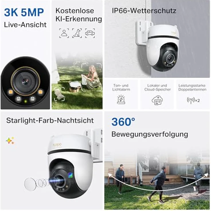 Tapo C530WS 360° Überwachungskamera Außen, 3K 5MP, Starlight Farbe Nachtsicht, KI-Erkennung, Bewegungsverfolgung, WLAN/Ethernet, microSD bis 512 GB – Bild 2