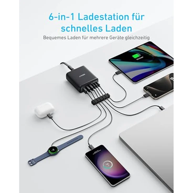 Anker 112W USB C Ladegerät, 6 Port Ladestation mit 112W Leistung, für iPhone 17/16/15 Series, MacBook Air, Pixel, Galaxy, iPad, inklusive Kabelbinder, schwarz – Bild 2