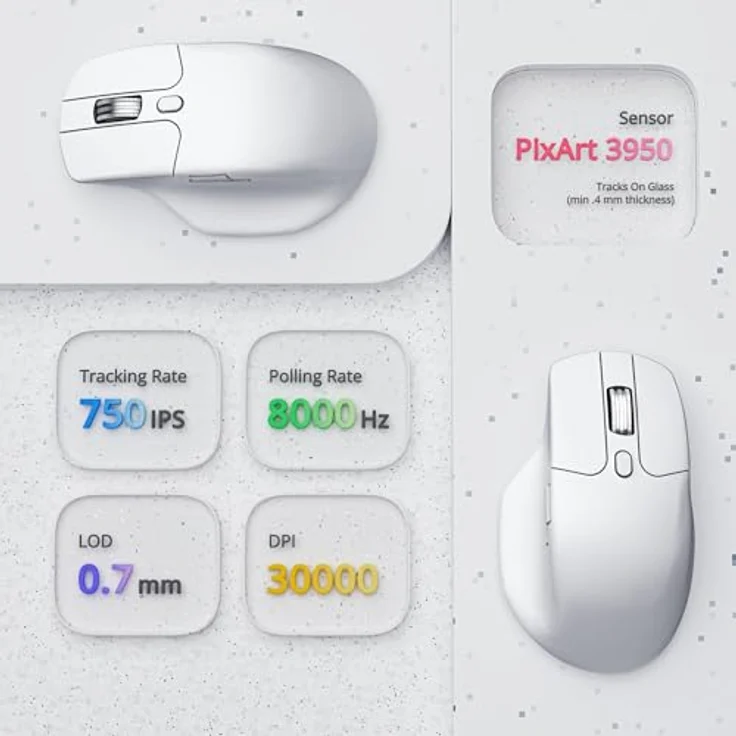 Keychron M6 8000Hz, Kabellose Maus mit Bluetooth, 2,4 GHz, PixArt 3950 Sensor, ergonomisches Design, Weiß – Bild 4