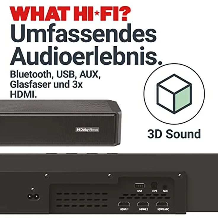 MAJORITY Dolby Atmos 2.1.2 Soundbar mit Subwoofer 400 Watt, HDMI ARC, Bluetooth Soundbar für TV Geräte, Dolby Atmos Soundsystem, Kabelloser Subwoofer 3D Audio Lautsprecher, Optical, AUX Sierra Plus – Bild 5