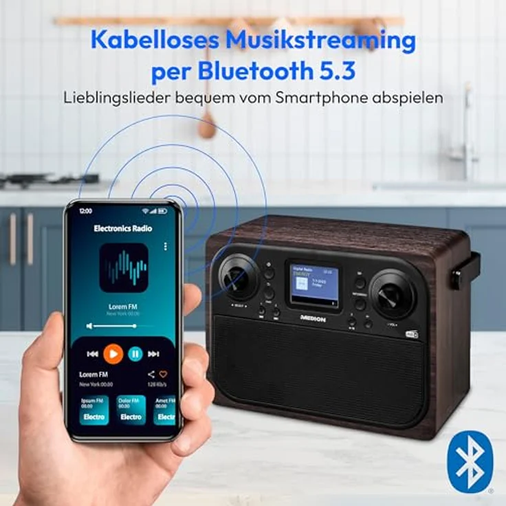 MEDION P66700 DAB+ Radio (DAB Plus UKW Radiowecker, dimmbares TFT Farb Display, Bluetooth, 12/24 Std. Uhrzeit, Wecker, Holzgehäuse, Kopfhöreranschluss, AUX, Stabantenne) braun – Bild 3