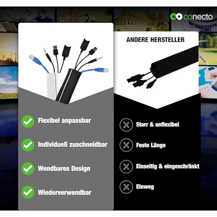 conecto Neopren Kabelschlauch mit Klettverschluss universell Kabelkanal Kabelmanagement Kabelorganizer Kabelführung schwarz-weiß, 1,5m – Bild 6