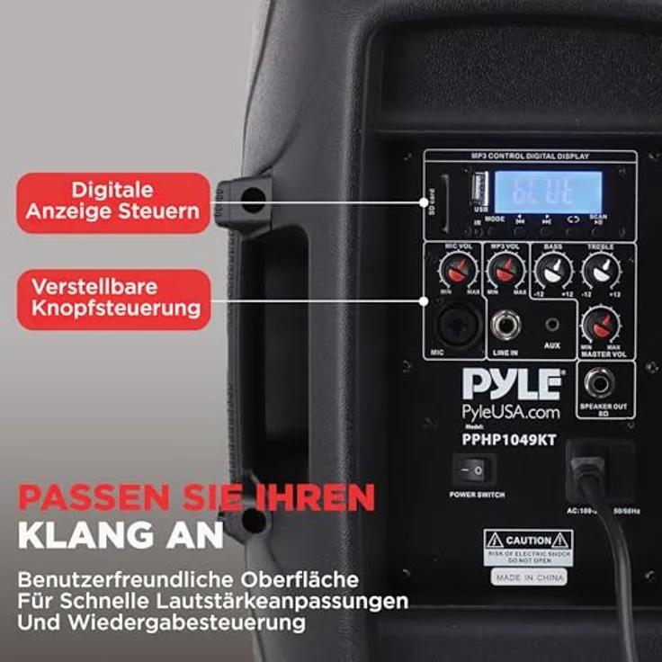 Pyle PPHP1049KT, 1000W PA Anlage Komplettset mit 2 Lautsprechern, Bluetooth-fähig, Mikrofon, USB/SD/MP3/AUX, mit 2 höhenverstellbaren Lautsprecher-Ständern, Schwarz – Bild 5