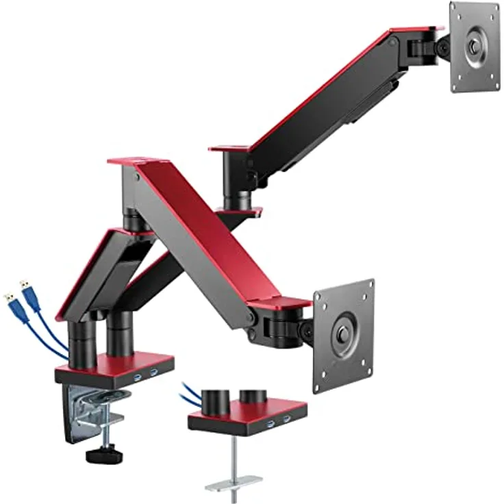 mywall HL25-2L Vollbeweglicher Tischhalter mit Gasdruckfeder für 2 Flachbildschirme, Monitor Halterung, Tischhalterung, Monitore Arm - 17" bis 35" Bildschirme - 11 kg pro Bildschirm - Hochglanz Rot.