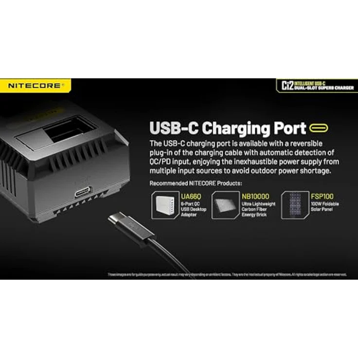 NiteCore CI2 Rundzellen-Ladegerät für LiIon, NiMH, NiCd, 2 Ladeschächte, mit Display, USB-Anschluss, max. Ladestrom 3000 mA, inkl. USB-C-Kabel – Bild 3