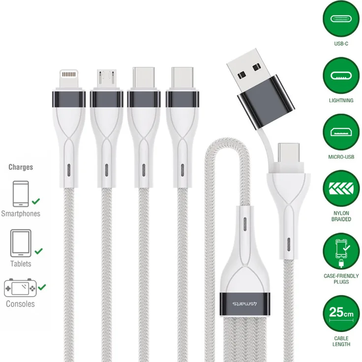 4smarts 541299, 0,25 m 4-in-2 USB-Ladekabel, USB C/Micro USB-A/Lightning, hüllenfreundliche Stecker, Silber/Weiß