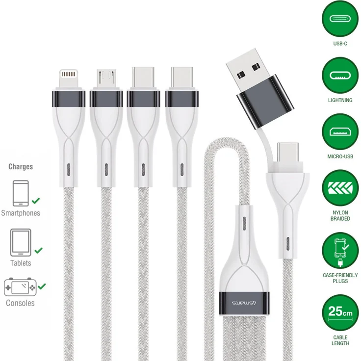 4smarts 541299, 0,25 m 4-in-2 USB-Ladekabel, USB C/Micro USB-A/Lightning, hüllenfreundliche Stecker, Silber/Weiß
