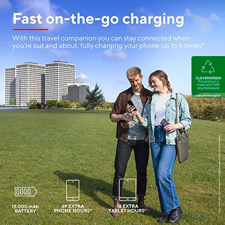 Trust Mobile Primo Powerbank Schnellladefunktion 15000 mAh, Nachhaltig, USB C Externer Akku, Tragbares Ladegerät 3A, Power Bank Handy, Smartphone, iPhone, iPad, Samsung, Xiaomi, Huawei, Tablet – Bild 2