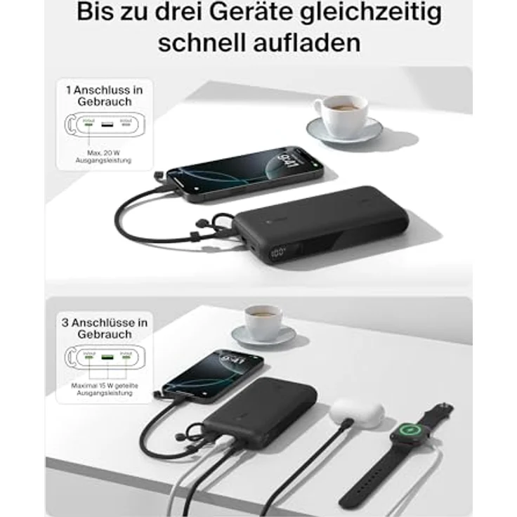 Belkin Powerbank BoostCharge 20.000 mAh, 2 USB-C-Anschlüsse, 1 USB-A Anschluss, 20 W Leistung, Akkuanzeige – Schwarz – Bild 2